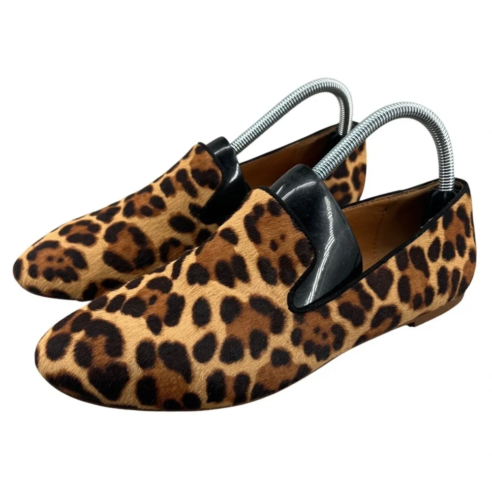 J.Crew Leopard Calf Hair Loafers Size 9 Slip On Flats Parisian Chic Old Money